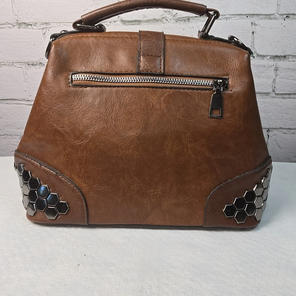 H SAMS VINTAGE BROWN SATCHEL PURSE HANDBAG LEATHER HONEYCOMB METAL DETAIL